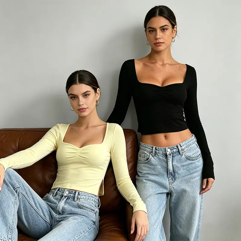 Cakulo Chic Y2K Black Crop Top for Women – Long Sleeve, Sweetheart Neckline, Ruched Slim-Fit Going-Out Shirt