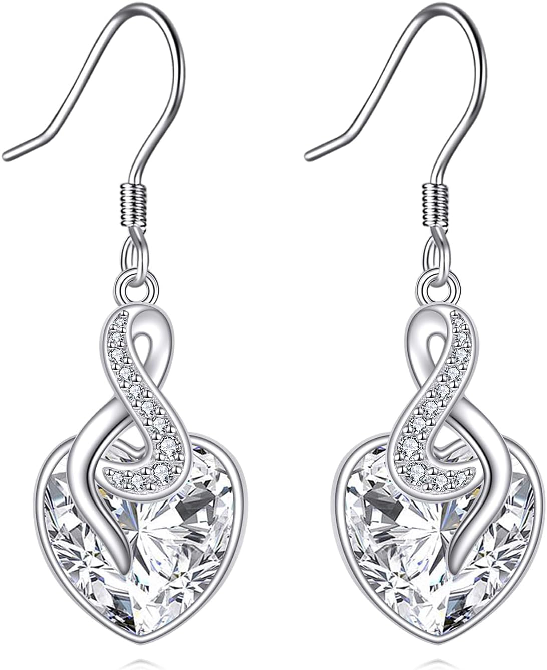 Crystal Heart Dangle Earrings Sterling Silver Heart Earrings with Angle Wings Birthday Anniversary Jewelry Gifts for Women Wife