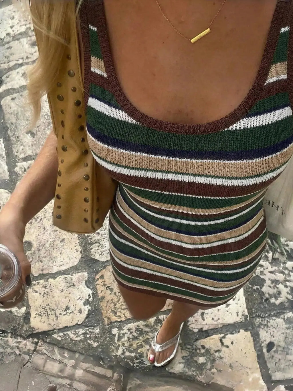 Summer Women'S Slimming Sexy Colorblock Striped Knit Dress, Casual Fashion Long Sleeve round Neck Design, Perfect for Daily Wear, Womenswear, Bodycon Fit Striped Dress