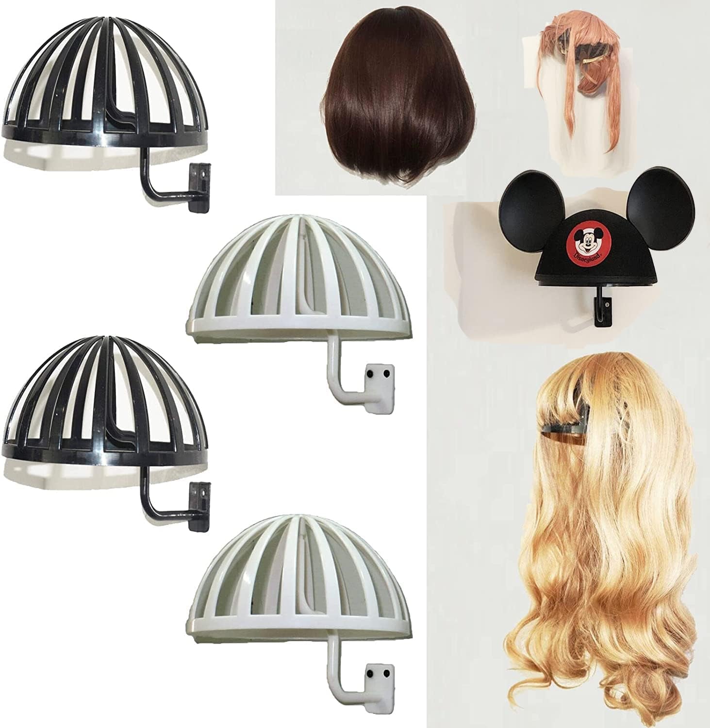 4 Pack Wall Mount Hanging Wig Stand, Wig Drying Holders, Plastic Wigs and Hats/Cap Rack Styling Drying Display Hangers, Hold the Shape of the Wig and Are EASY to MOUNT. (2 Black+2 White)