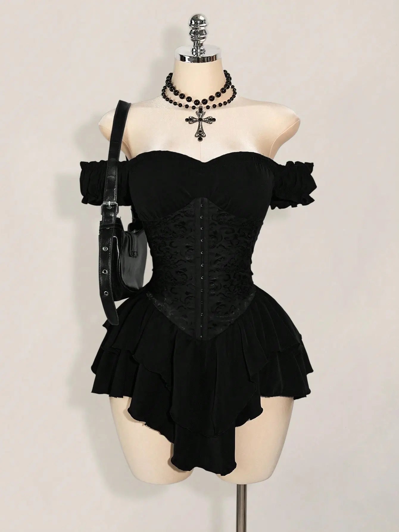 Women'S Off-Shoulder A-Line Chiffon Mini Dress Gothic Jacquard Ruffle Trim with Tie Waist Elegant Party Dress for Wedding Guest Vacation Dinner Club Night Out