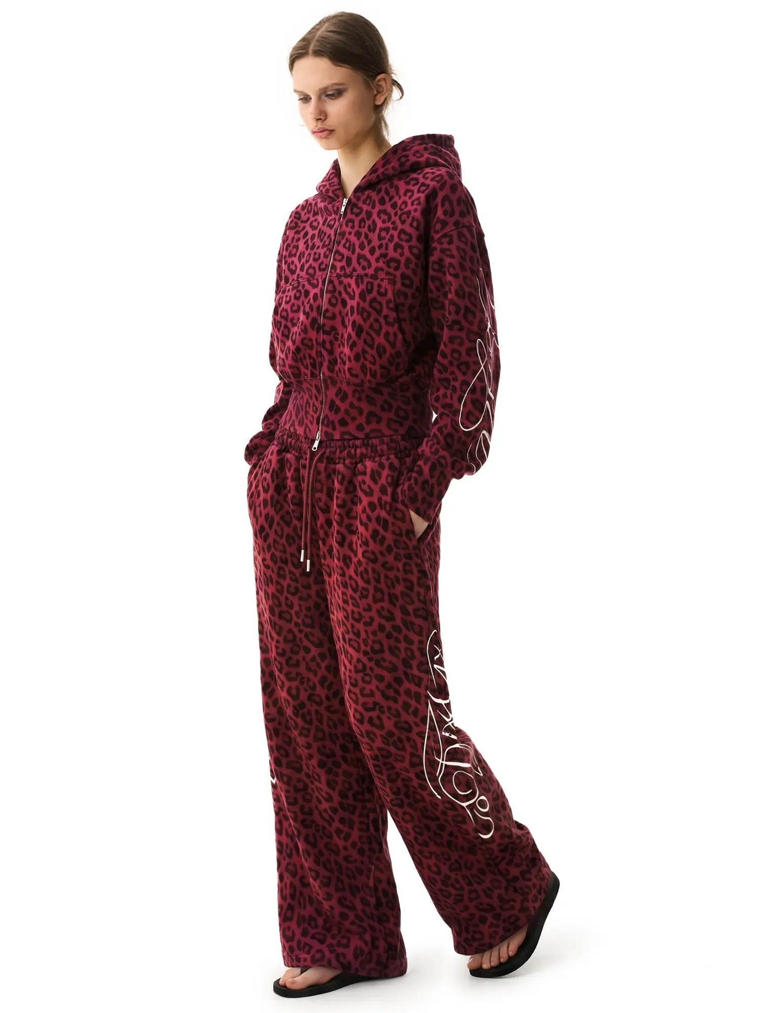 Fdr Women'S Leopard Print Streetwear Tracksuit, Vintage 2 Piece Set with Oversized Cropped Graphic Hoodie & Double Waisted Pants, 2 Piece Sets, Women'S Casual 2 Piece Sets