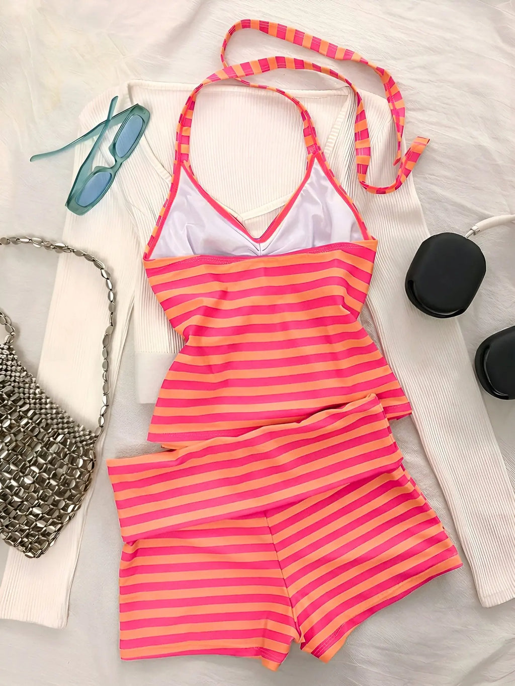 Striped Tankini Swimsuit, Elegant Sexy Halter Crop Top & Boyshorts, Women Sporty Swimwear for Beach Pool Vacation, Spring and Summer, Striped Swimsuits, Sporty Bathing Suit