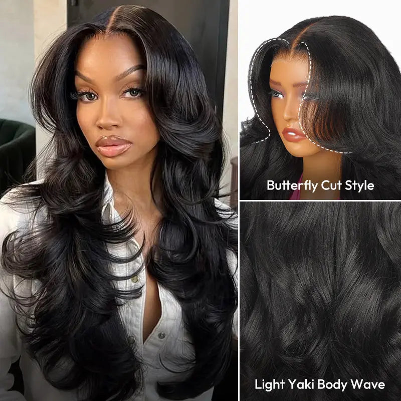 [NEW IN] West Kiss Glueless Butterfly Cut Layered Human Wigs Light Yaki Body Wave 7X5 Lace Closure Wig Pre Plucked Pre Bleached Knots Beignner Friendly