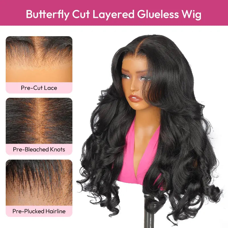 [NEW IN] West Kiss Glueless Butterfly Cut Layered Human Wigs Light Yaki Body Wave 7X5 Lace Closure Wig Pre Plucked Pre Bleached Knots Beignner Friendly