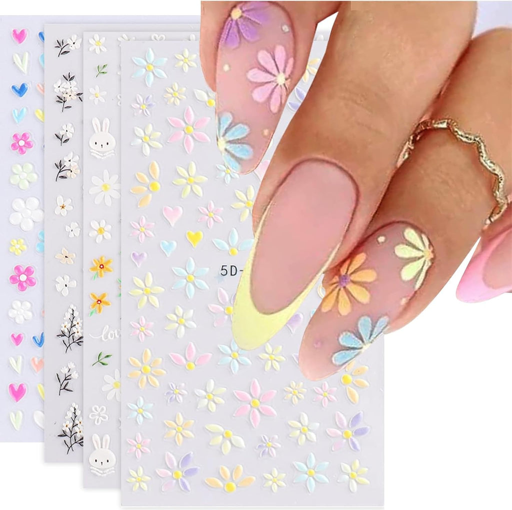 Flower Nail Art Stickers 5D Embossed Nail Decals Spring Summer Self-Adhesive Nails Supplies Accessories 3D Flower for Women Nails Design Decoration