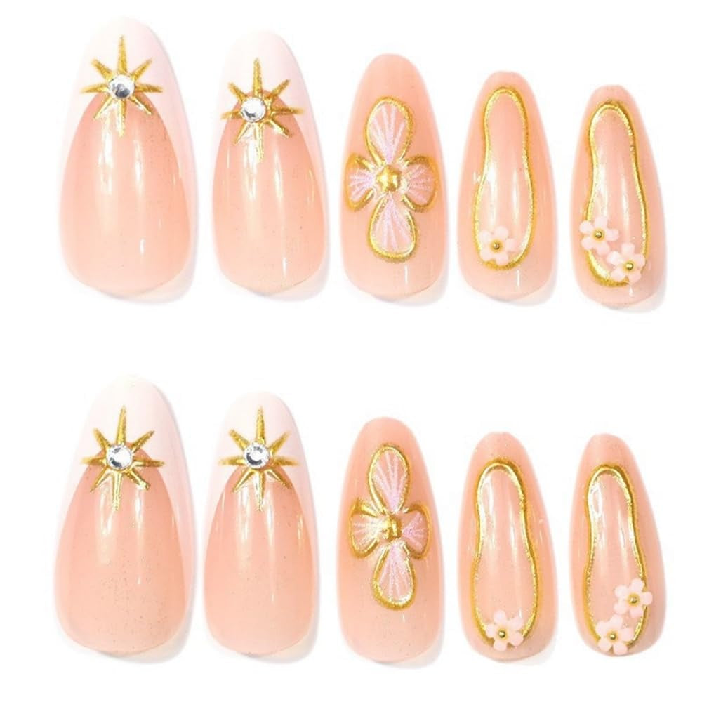 Flower Press on Nails 3D Spring Floral Fake Nails Press Ons Almond French Tip False Nails Medium Acrylic Glue on Nail Cute Artificial Stick on Nail for Women Manicure 24Pcs