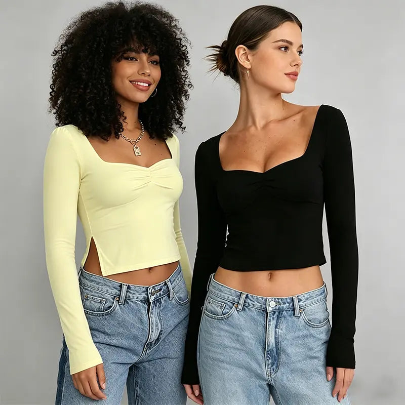 Cakulo Chic Y2K Black Crop Top for Women – Long Sleeve, Sweetheart Neckline, Ruched Slim-Fit Going-Out Shirt