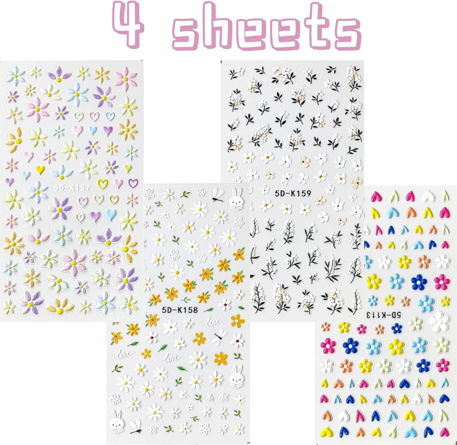 Flower Nail Art Stickers 5D Embossed Nail Decals Spring Summer Self-Adhesive Nails Supplies Accessories 3D Flower for Women Nails Design Decoration