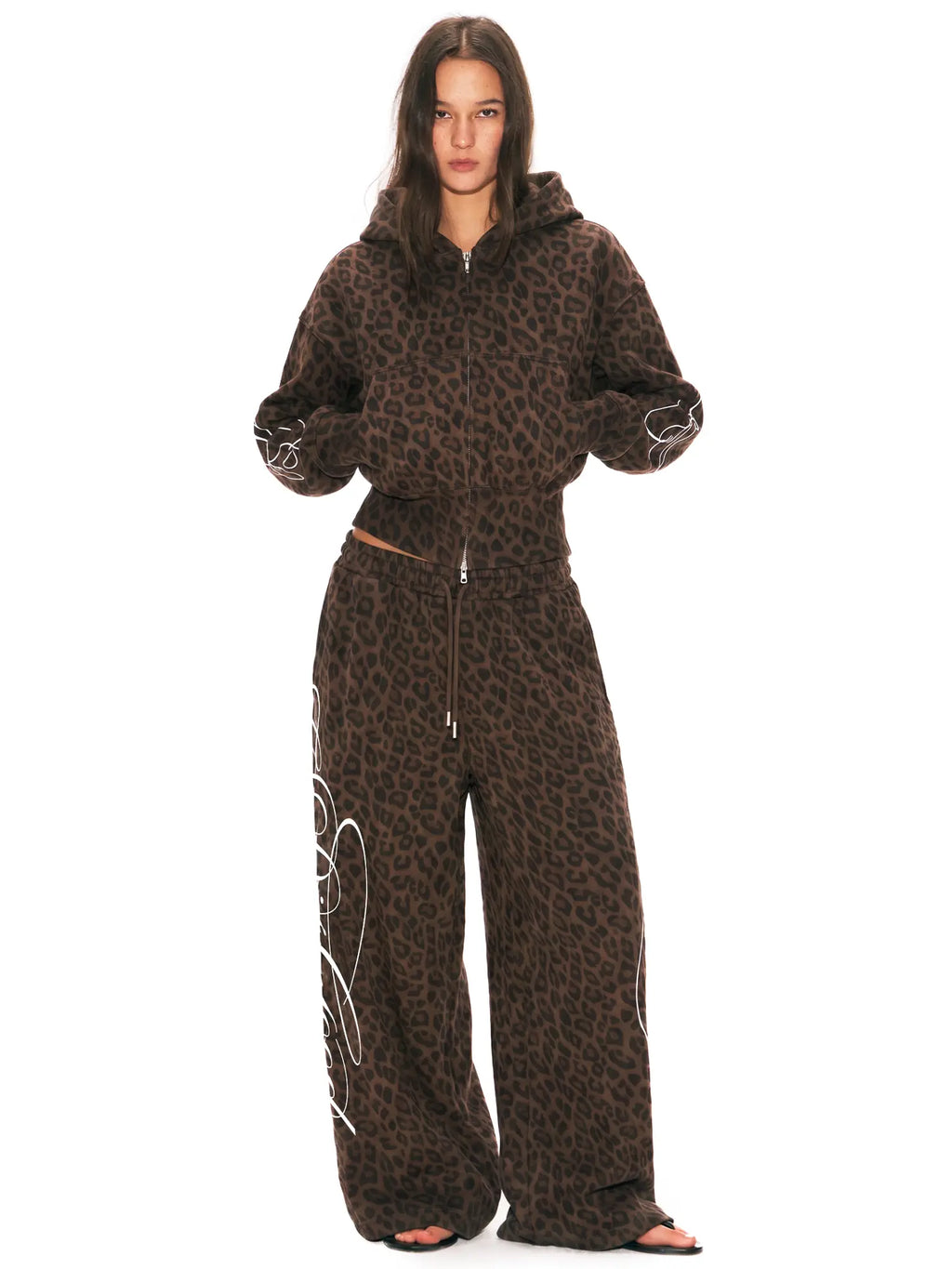 Fdr Women'S Leopard Print Streetwear Tracksuit, Vintage 2 Piece Set with Oversized Cropped Graphic Hoodie & Double Waisted Pants, 2 Piece Sets, Women'S Casual 2 Piece Sets