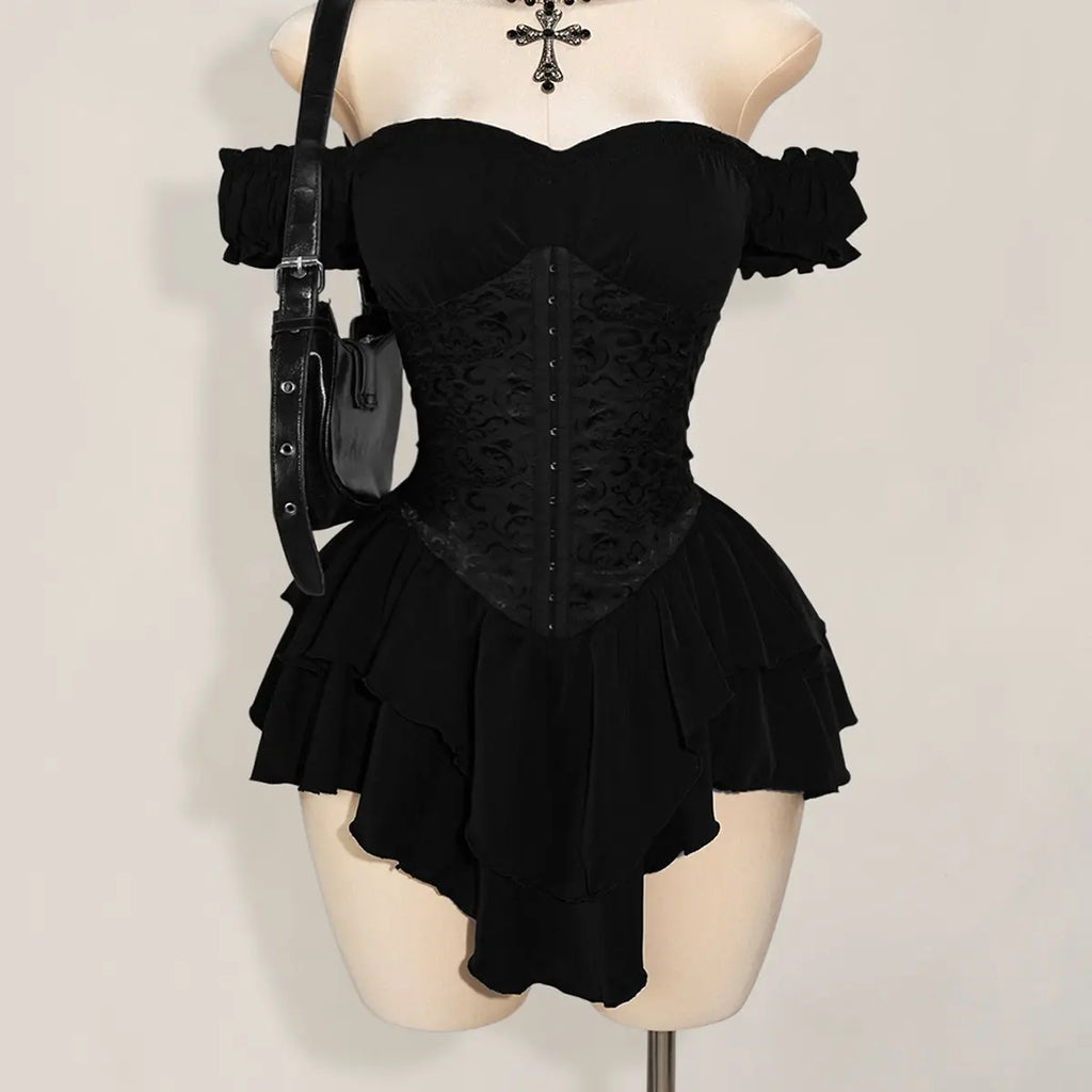 Women'S Off-Shoulder A-Line Chiffon Mini Dress Gothic Jacquard Ruffle Trim with Tie Waist Elegant Party Dress for Wedding Guest Vacation Dinner Club Night Out
