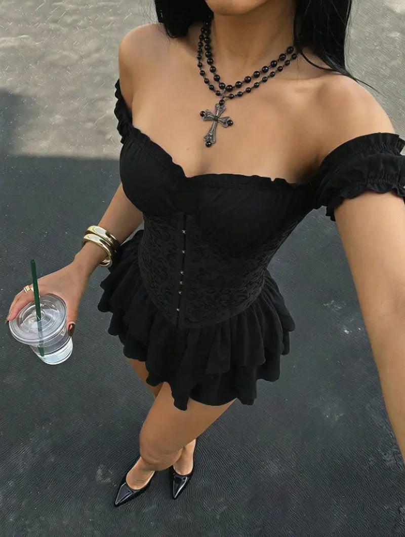 Women'S Off-Shoulder A-Line Chiffon Mini Dress Gothic Jacquard Ruffle Trim with Tie Waist Elegant Party Dress for Wedding Guest Vacation Dinner Club Night Out