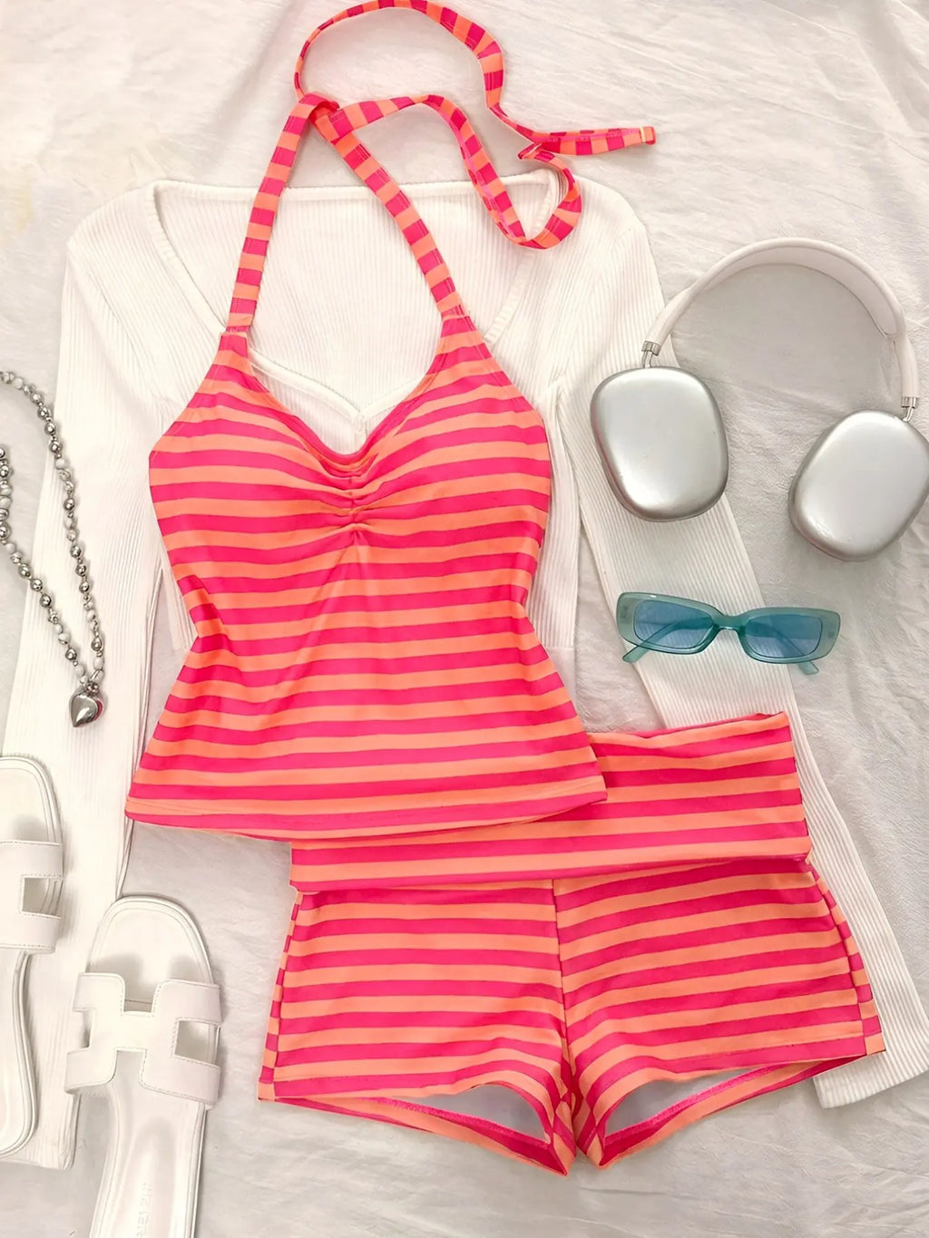 Striped Tankini Swimsuit, Elegant Sexy Halter Crop Top & Boyshorts, Women Sporty Swimwear for Beach Pool Vacation, Spring and Summer, Striped Swimsuits, Sporty Bathing Suit