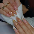 Flower Press on Nails 3D Spring Floral Fake Nails Press Ons Almond French Tip False Nails Medium Acrylic Glue on Nail Cute Artificial Stick on Nail for Women Manicure 24Pcs